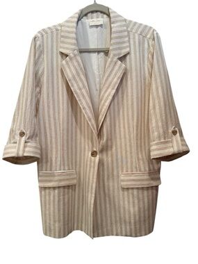Striped Linen Blend Tailored Blazer with Notch Lapel Career Springs Sz L